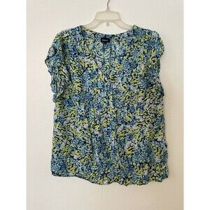 Jones & Co Floral Blouse V Neck Popover Green Blue Rayon 2X